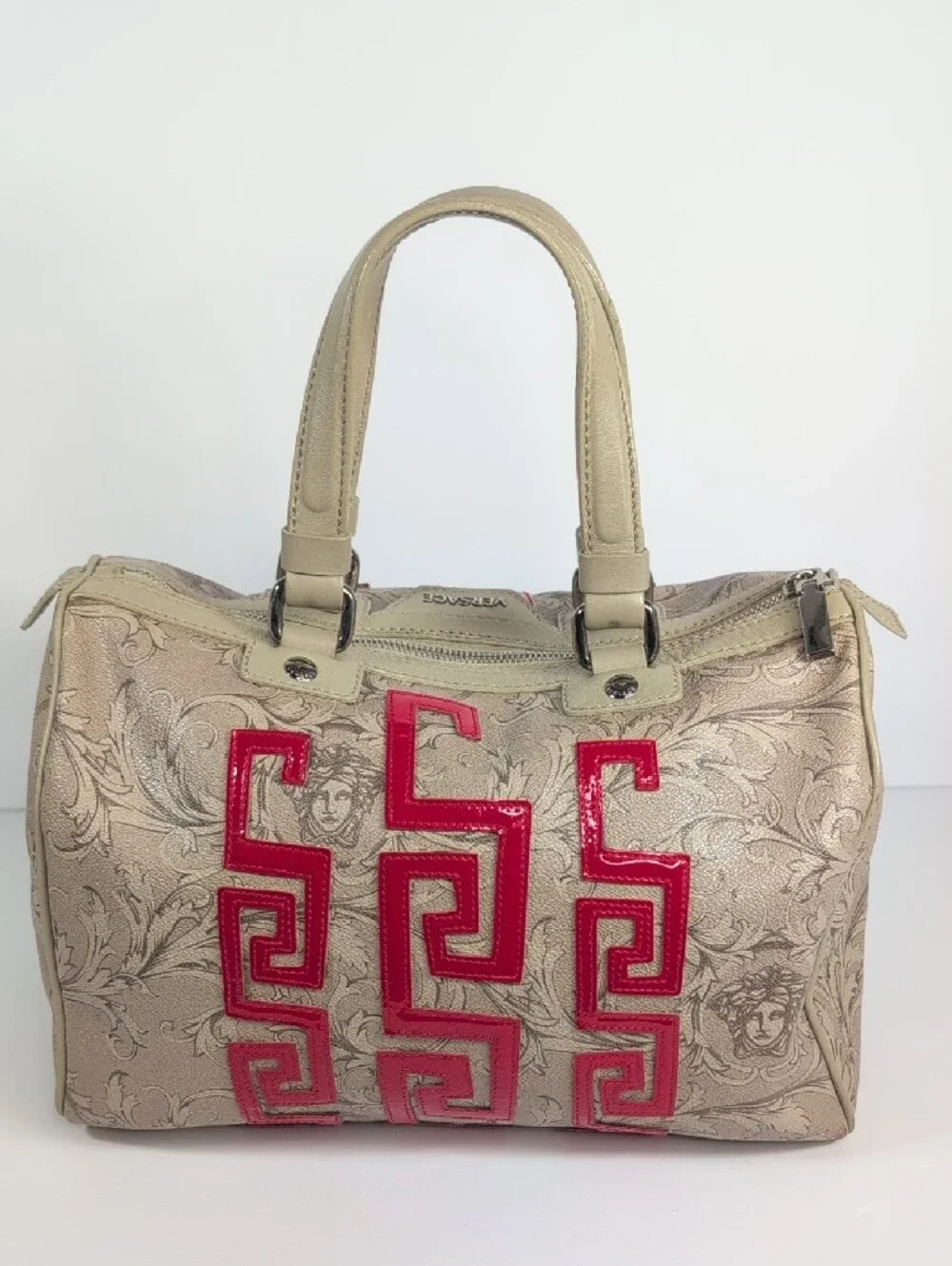 Versace Vintage Brocco Beige/Red Leather Boston Bag
